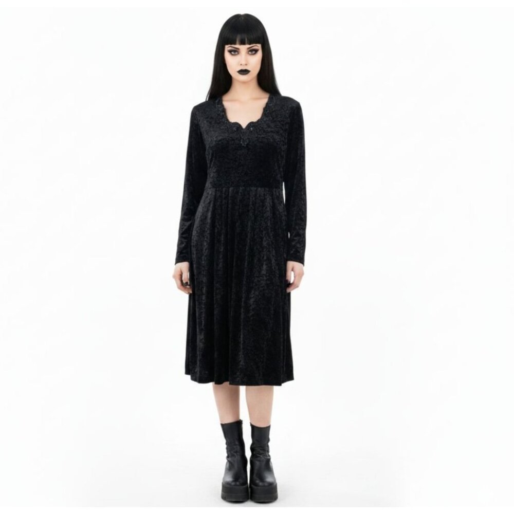Vintage Molly Malloy Black Crushed Velvet Dress 12 Beaded Goth Grunge 90 Y2K NEW